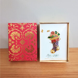 Vintage Christopher Radko Shiny Brite Christmas Stocking & Bow Earrings Enamel